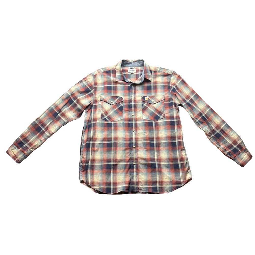 Carhartt Shirt Mens Large Red Blue Plaid Pearl Snap Relaxed Fit Long Sleeve L